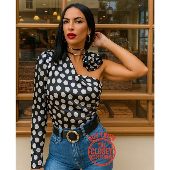 MANGO Asymmetrical Polka Dot Satin Blouse ✨🖤🤍 NWT - Picture 1 of 16